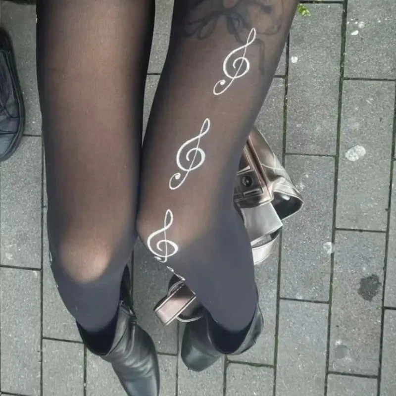 Women Y2K Printed Pantyhose Gothic Punk Black Sheer Tights Music Note Pattern Stockings for Cosplay Party Streetwear Tights