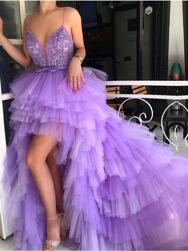 

Lavender Princess High Low Prom Dresses 2022 Sexy Spaghetti Strap Tiered Tulle Purple Formal Evening Dress for Party Graduation