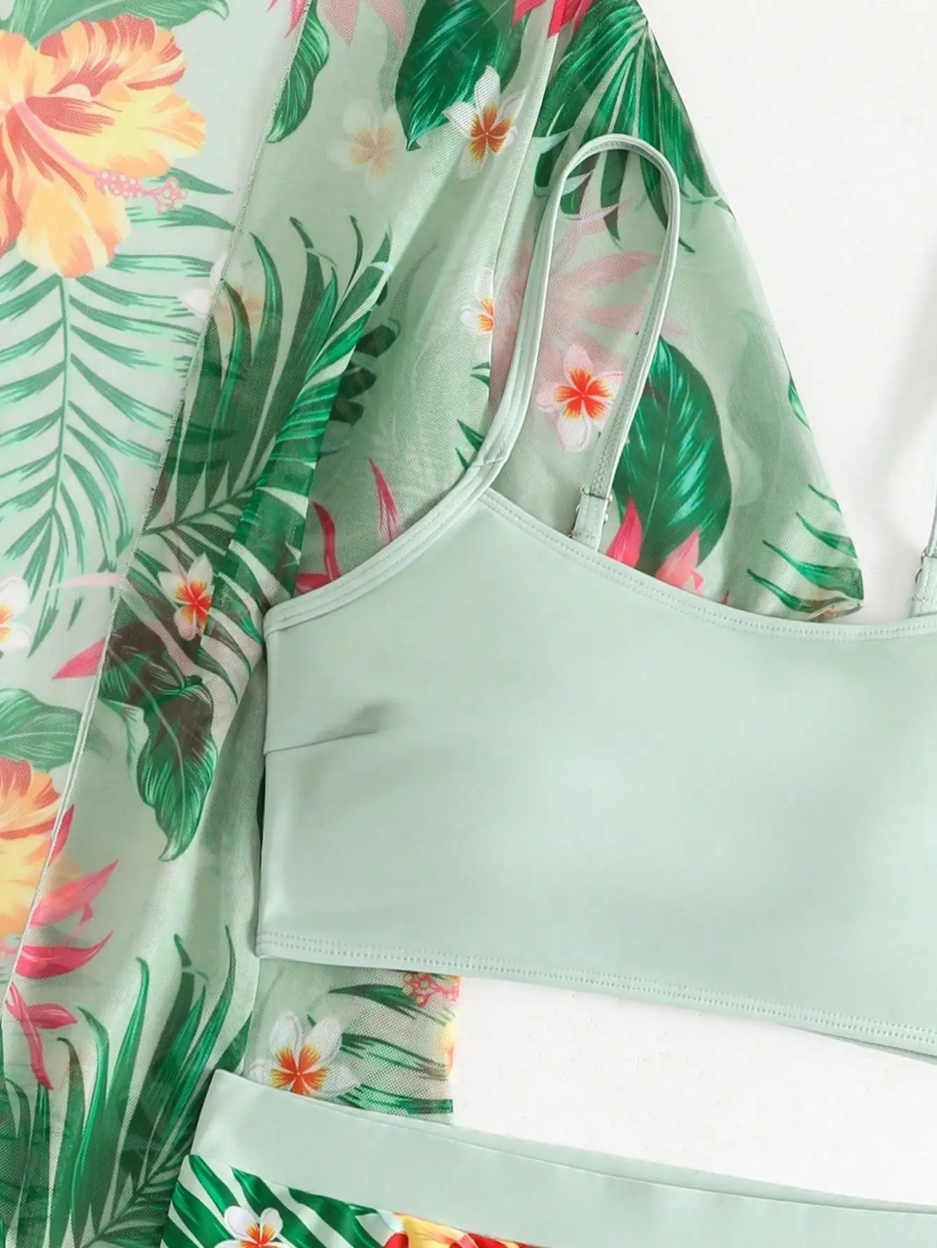 Floral Print Bikini Set With Short Sleeve Cover Up