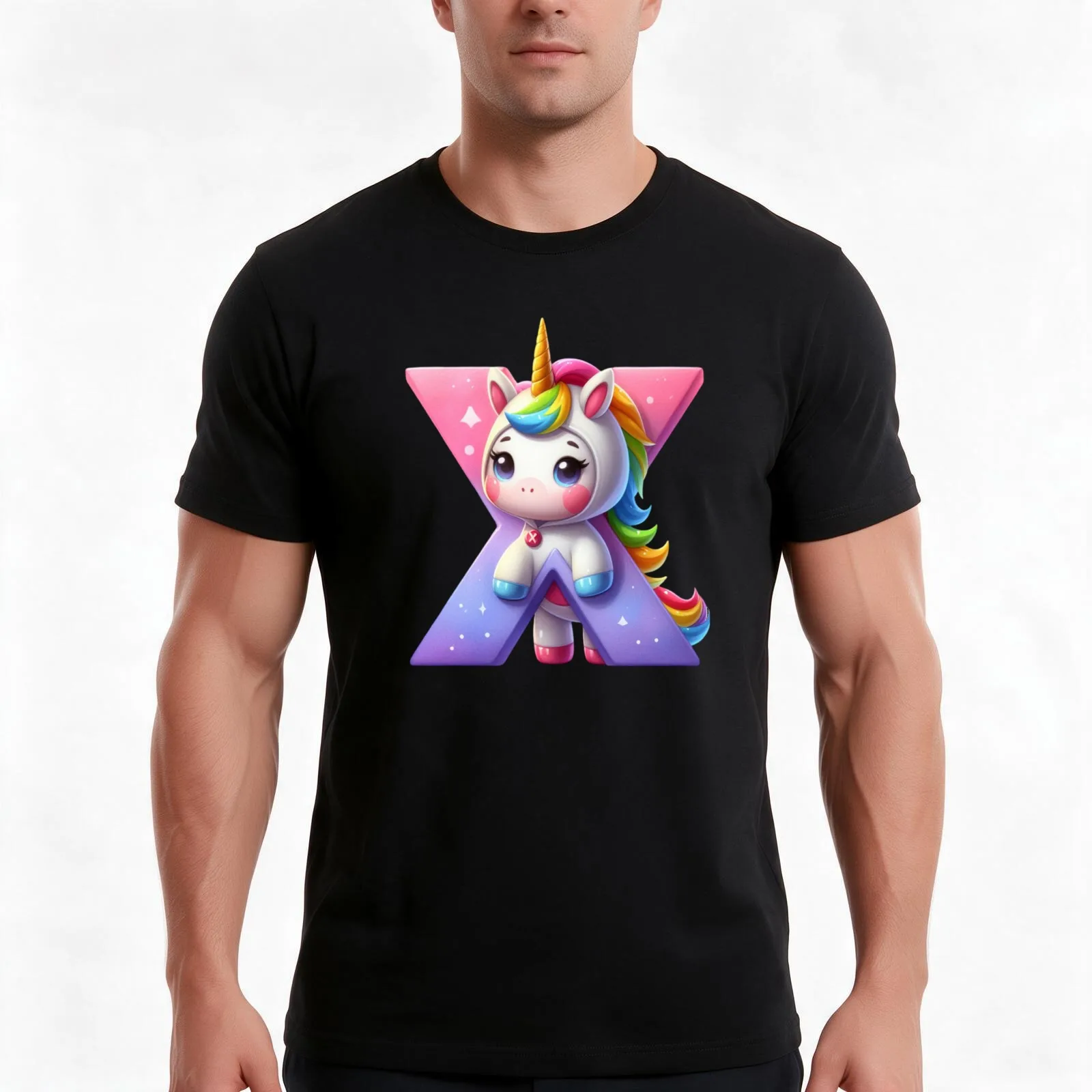 Unicorn kawaii alphabet monogram letter X T-Shirt, Summer Casual Cotton Tee, Oversized Streetwear Tops, Vintage Graphic Print