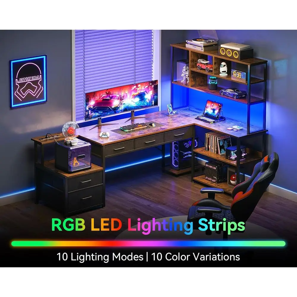 Large 79 Inch L-Shaped Desk with 5 Drawers, LED-Illuminated Reversible Gaming Desk, Power Outlets Included, Vintage Style Home O