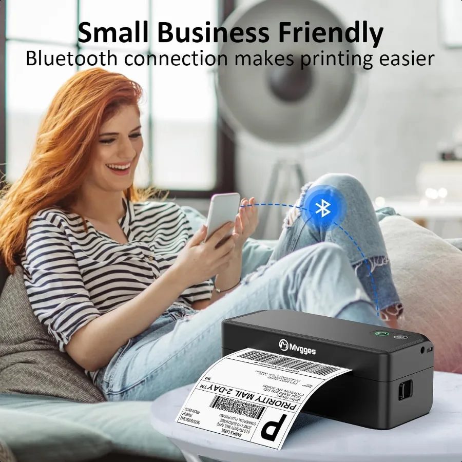 طابعة ملصقات الشحن، طابعة ملصقات حرارية بلوتوث 4x6 لمكتب الأعمال الصغيرة أو المنزل المتوافقة مع Android iOS Windows و