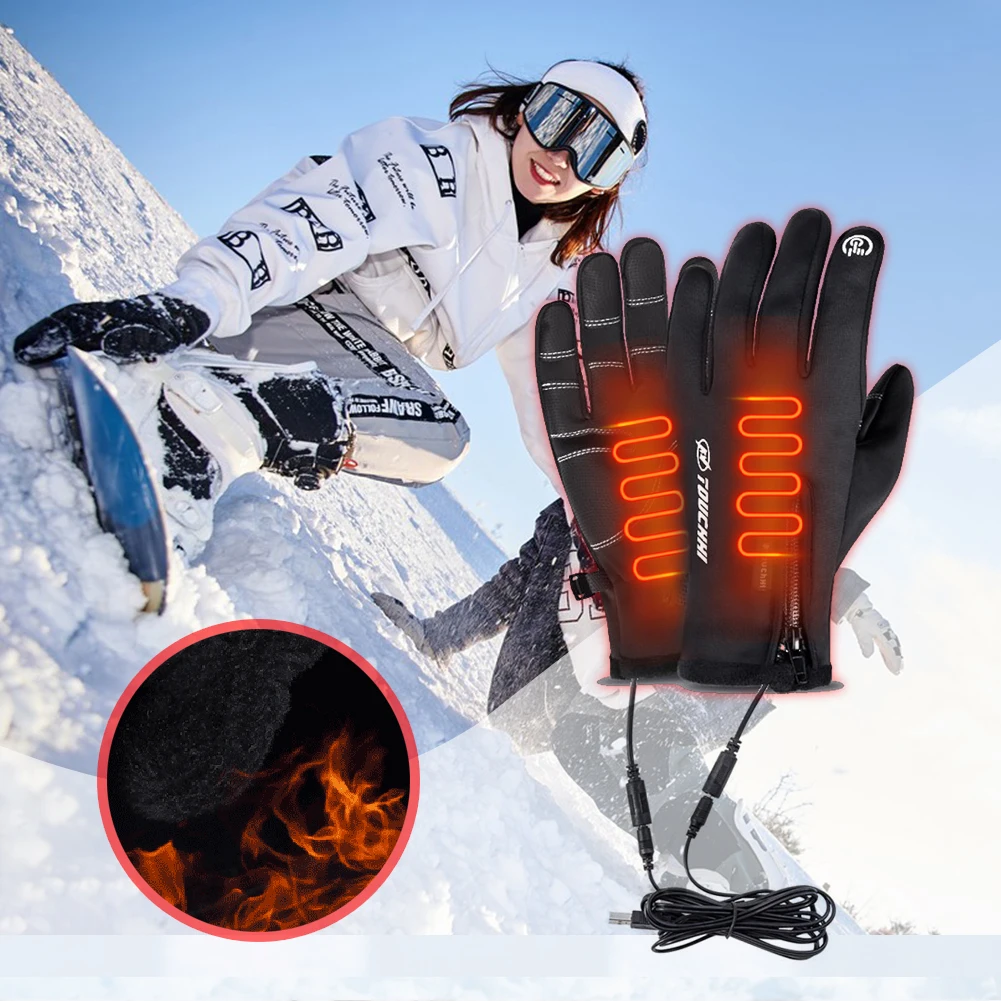 USB Heated Gloves Man Windproof Winter Motorcycle Gloves Hand Warmer Rechargeable Touch Screen Cycling Gloves for Camping Hiking