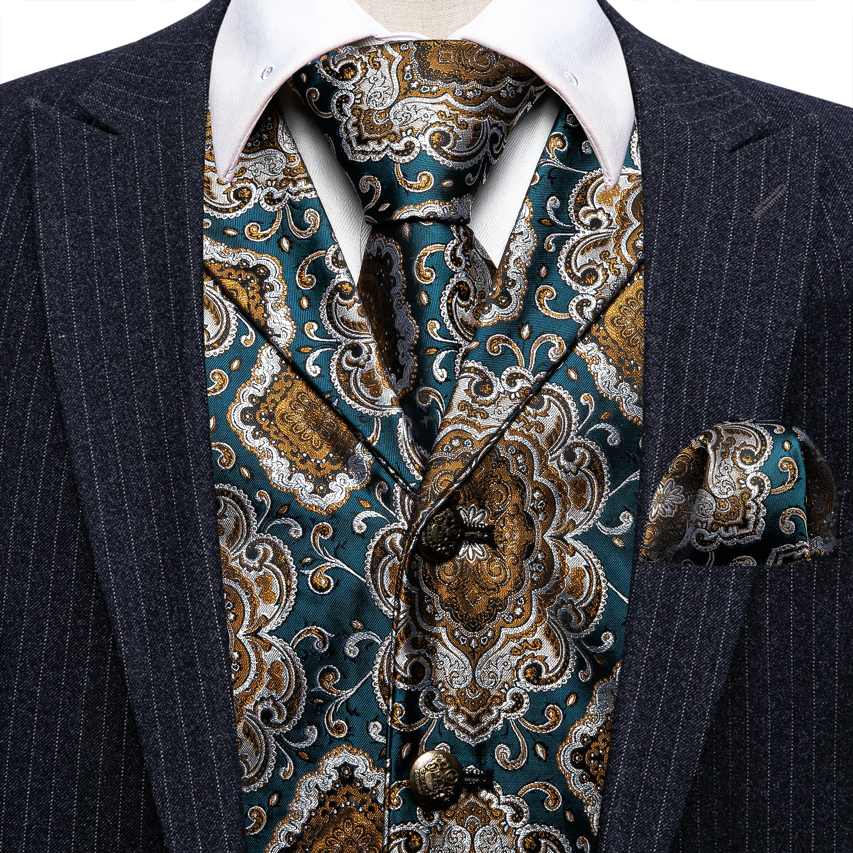 Exquisite Suit Vest V-Neck Waistcoat Silk Paisley Tie Set New Leisure Handkerchief Cufflinks Necktie Wedding Party Barry.Wang