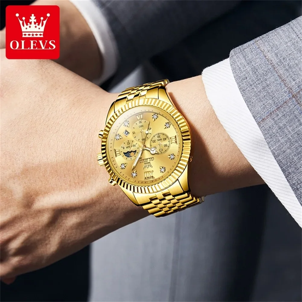 OLEVS New Original Men's Quartz Watches Luxury Golden Stainless Steel Watch for Men Moon Phase Waterproof Chronograph Wristwatch