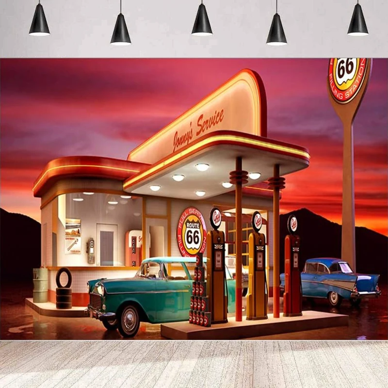 50s Photography Backdrop For Route 66 Gas Station Vintage Car Background Wall Poster Party Interior Decor Banner Poster