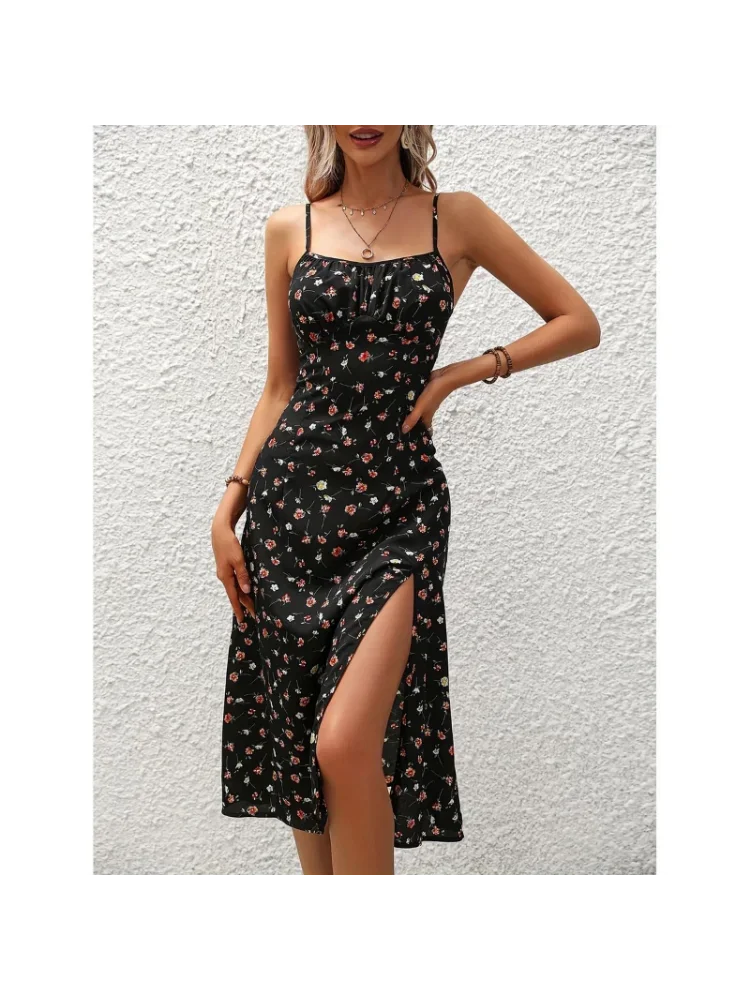 Sexy slipjurk met bloemenprint, off-shoulder, zomerse nieuwe trend, slanke, all-match midi-jurk, vintage mode dameskleding - afbeelding 2