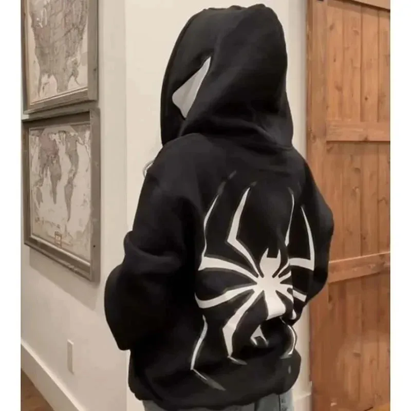 Sudaderas con capucha Y2K con estampado Punk de araña para pareja, Sudadera con capucha con cremallera de Hip Hop para mujer y hombre, chaqueta de gran tamaño Harajuku para otoño e invierno