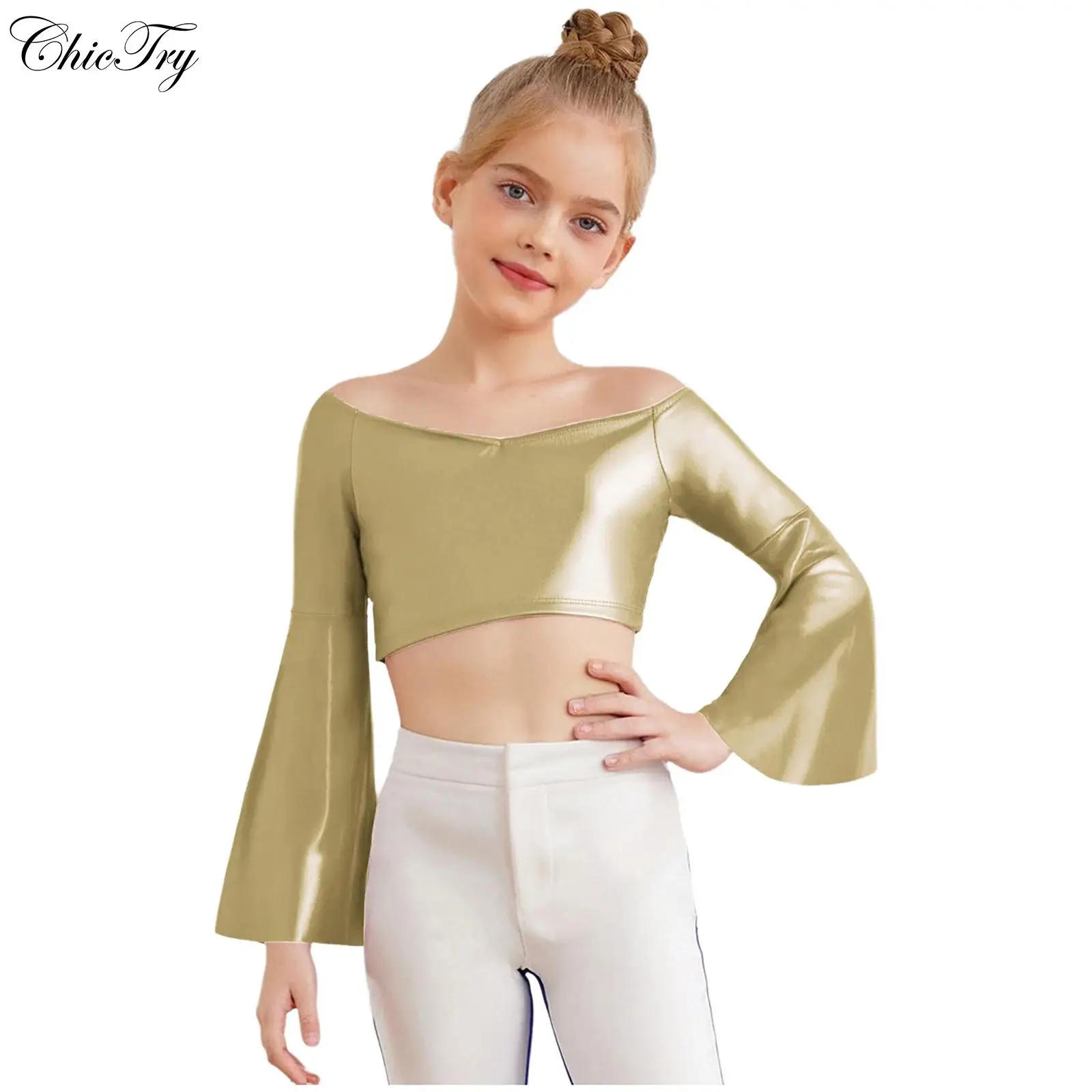 

Детский укороченный топ для латинских джазовых танцев для девочек, металлические топы с длинными расклешенными рукавами и открытыми плечами для клубной вечеринки, сценического выступления