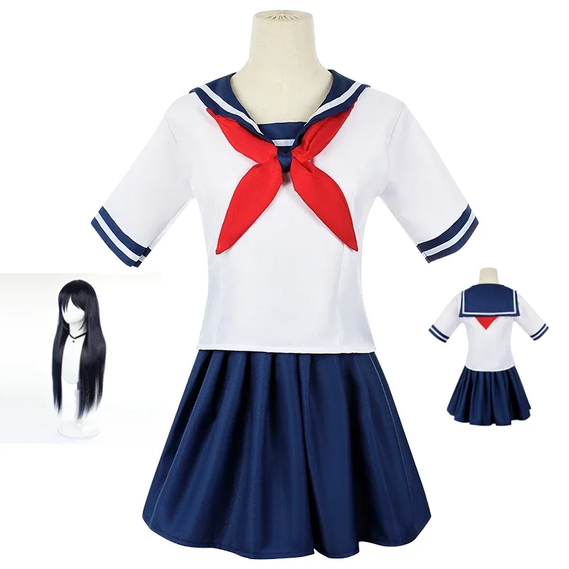 

Yandere Simulator Ayano Aishi Cosplay Costumes Game Anime Girls JK Uniform Outfit Sailor T-shirt with Skirt Black Wigs Set Party