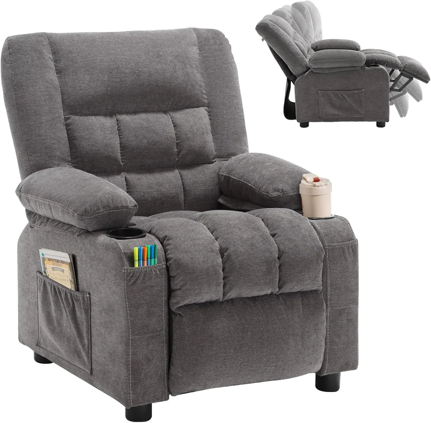 Push Back Toddler Recliner with Cup Holders & Side Pockets， Adjustable Footrest & Headrest Kids Sofa for Boys Girls 3+ Age Group