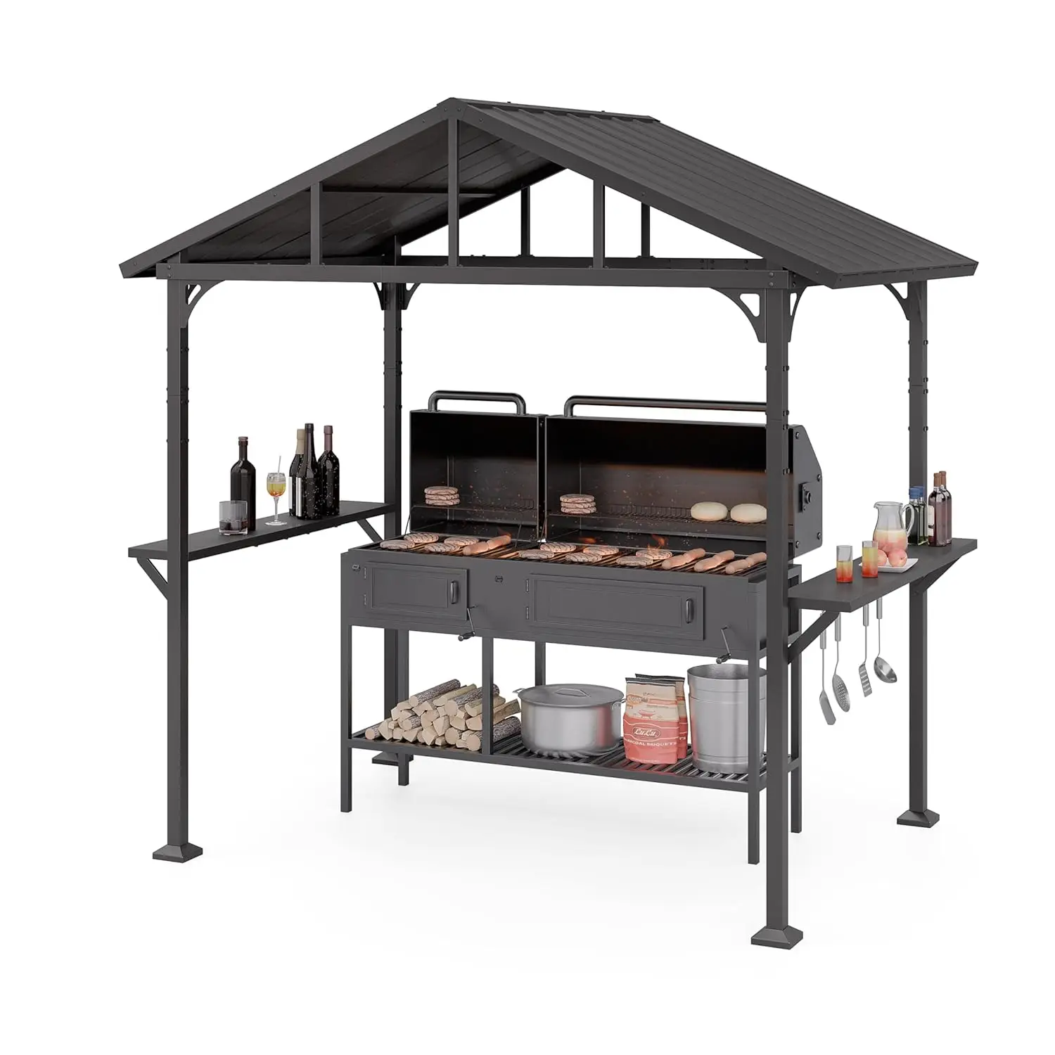 

8x5ft Hardtop BBQ Gazebo Waterproof Sloping Roof Bar Tool Hooks Smoke-Vent Iron Canopy Patio Yard Garden Party, Customized