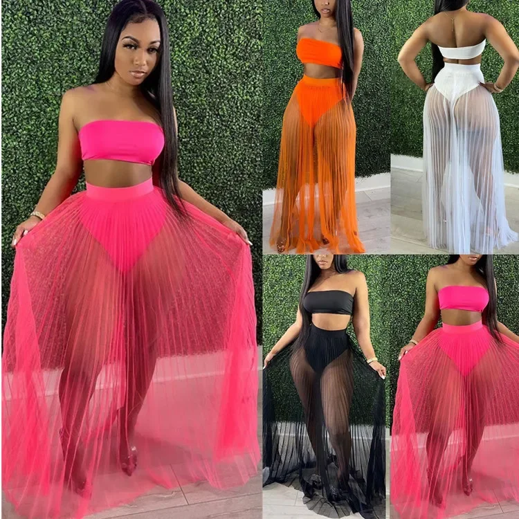 

2025 Sexy Mesh Pleated Skirt Set Top Three-piece Skirt New European and American Women's Clothing