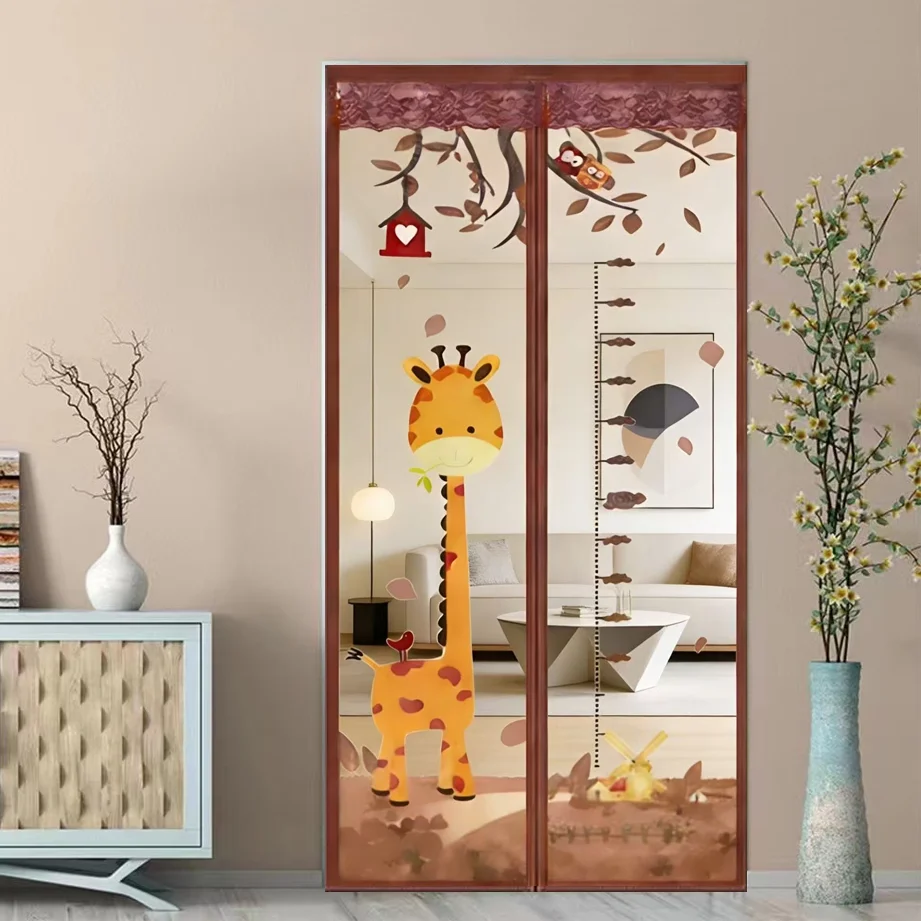 Upgraded Summer Colored Print Magnetic Screen Door Fashionable Long-necked Giraffe Brown Mesh Door Curtain
