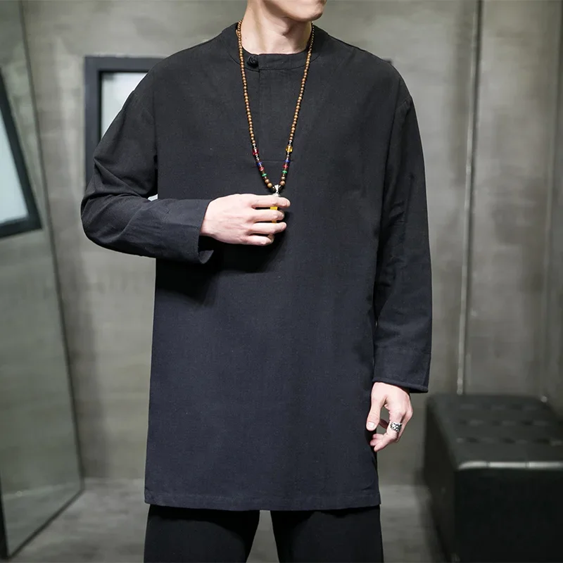 2023 Cotton Linen Men Tshirts Solid Color Spring Autumn Men Casual Breathable Loose Tops Long Style Panbuckle Robe Male T-Shirt