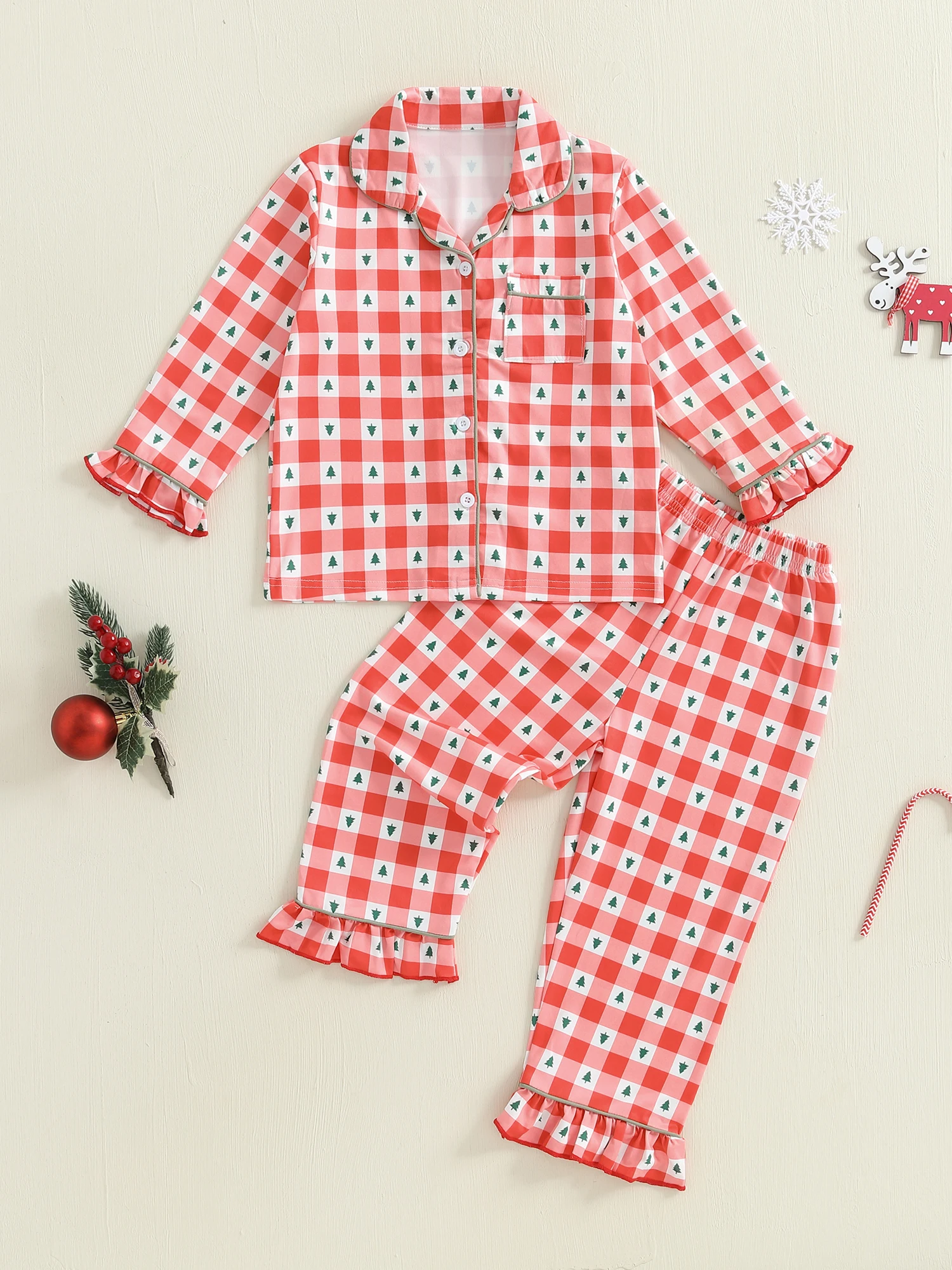 

Cute Toddler Reindeer Print Pajamas Sets Stylish Snowflake Pattern Lapel V Neck Long Sleeve Tops with Pants 2Pcs Sleepwear for