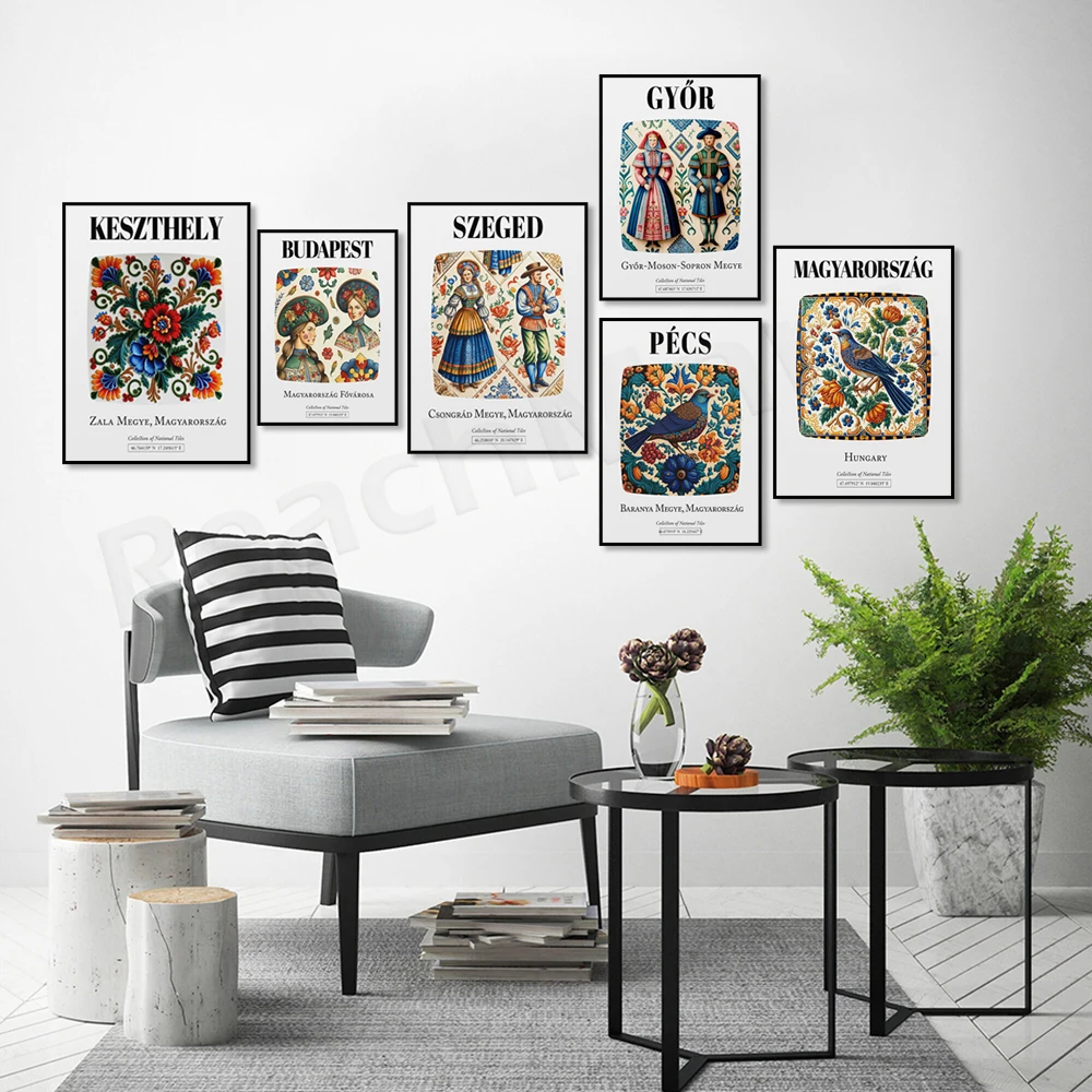 Siófok, Debrecen, Eger, Szeged, Magyar Rozag, Budapest, Hungary, folk floral bird tile pattern aesthetic wall art print poster