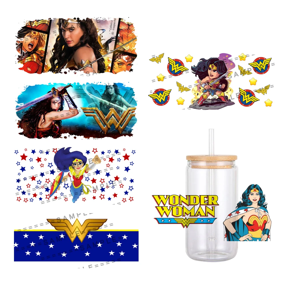 W Hot Super Woman Printed UV DTF Transfer Sticker Waterproof For 16oz Glass Cup Wrap Stickers