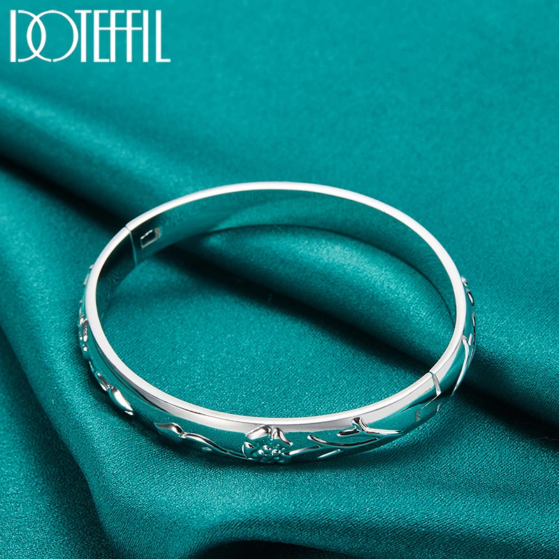 DOTEFFIL 925 Sterling Silver Flower Rose Cuff Bangle Bracelet For Women Wedding Engagement Jewelry Party Gift