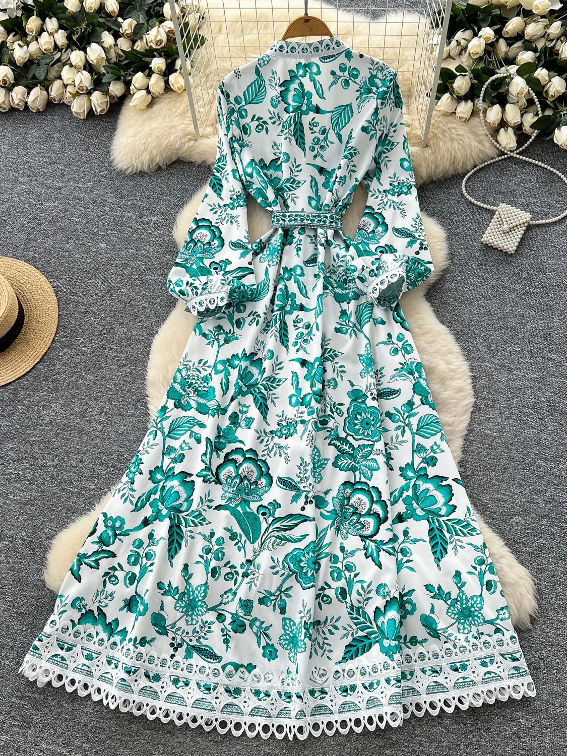 우아한 플로럴 프린트 맥시 드레스 여성 여름 버블 소매 크로스 넥 타이 허리 A라인 롱 스커트 하이 웨이스트 폴리에스터 섬유