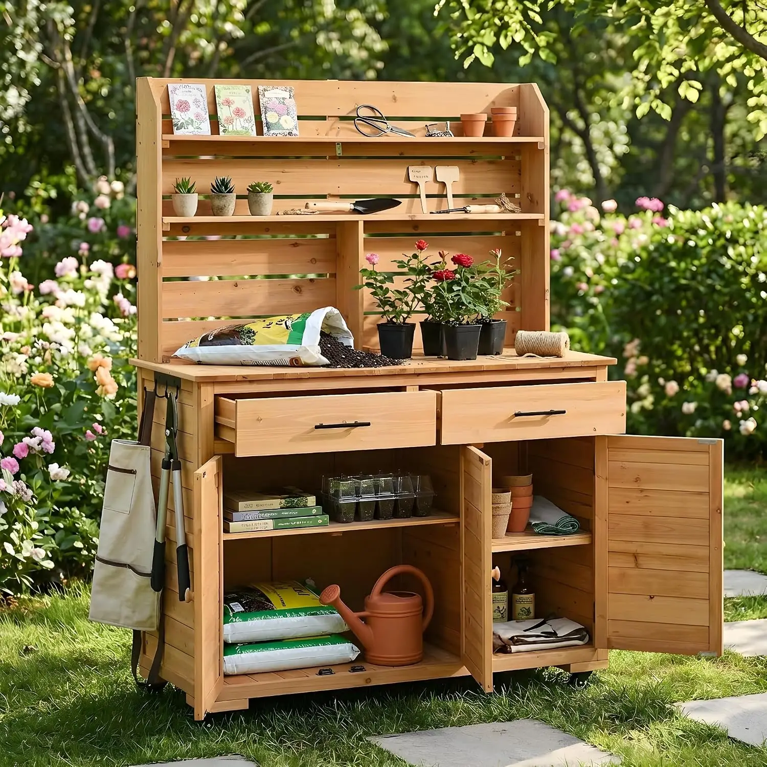 Multifunctional 3-in-1 Potting Bench Workstation with Storage & Wheels | Sturdy Fir Wood | Outdoor Garden, Patio, BBQ Prep Stati