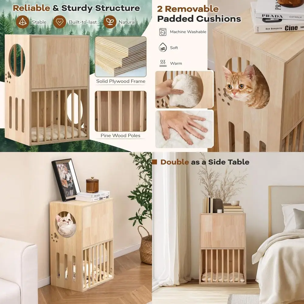 

Двухуровневый деревянный домик для кошек с съемными подушками, вентиляционными отверстиями и боковым входом