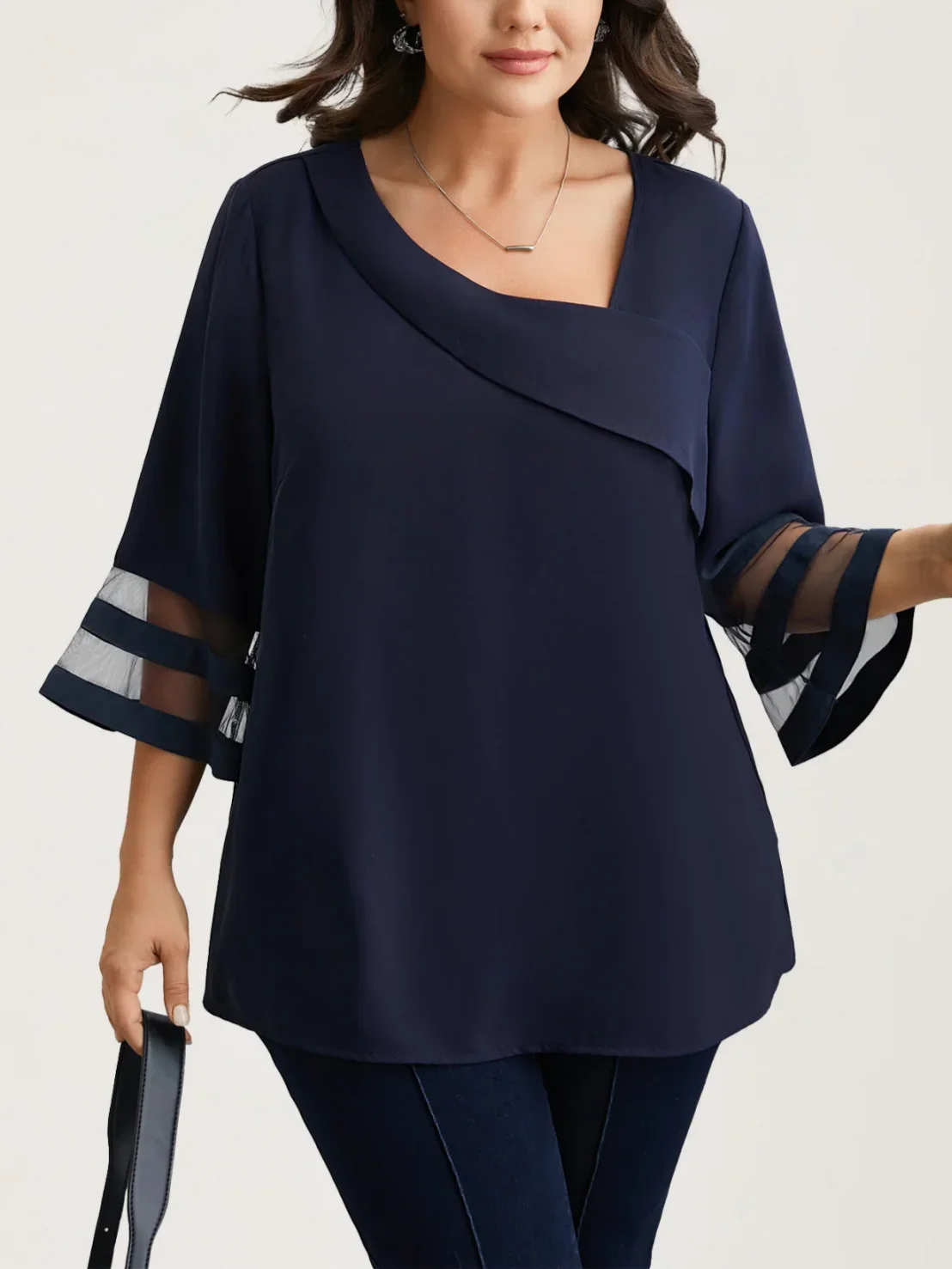 Blusa de talla grande para mujer, cuello oblicuo, gasa, media manga, transparente, camisas Vintage informales elegantes, Tops, ropa de mujer 2025