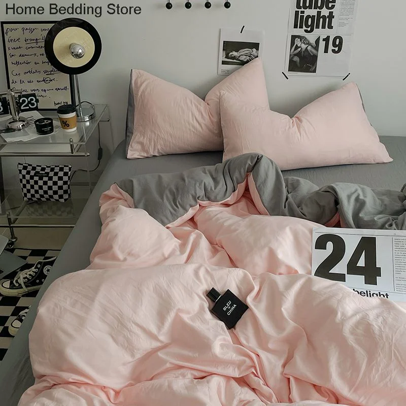 Nordic Style Pink Grey Bedding Set Duvet Cover Set Soft Queen Full Twin Size Solid Color Bed Flat Sheet Quilt Cover Pillowcase