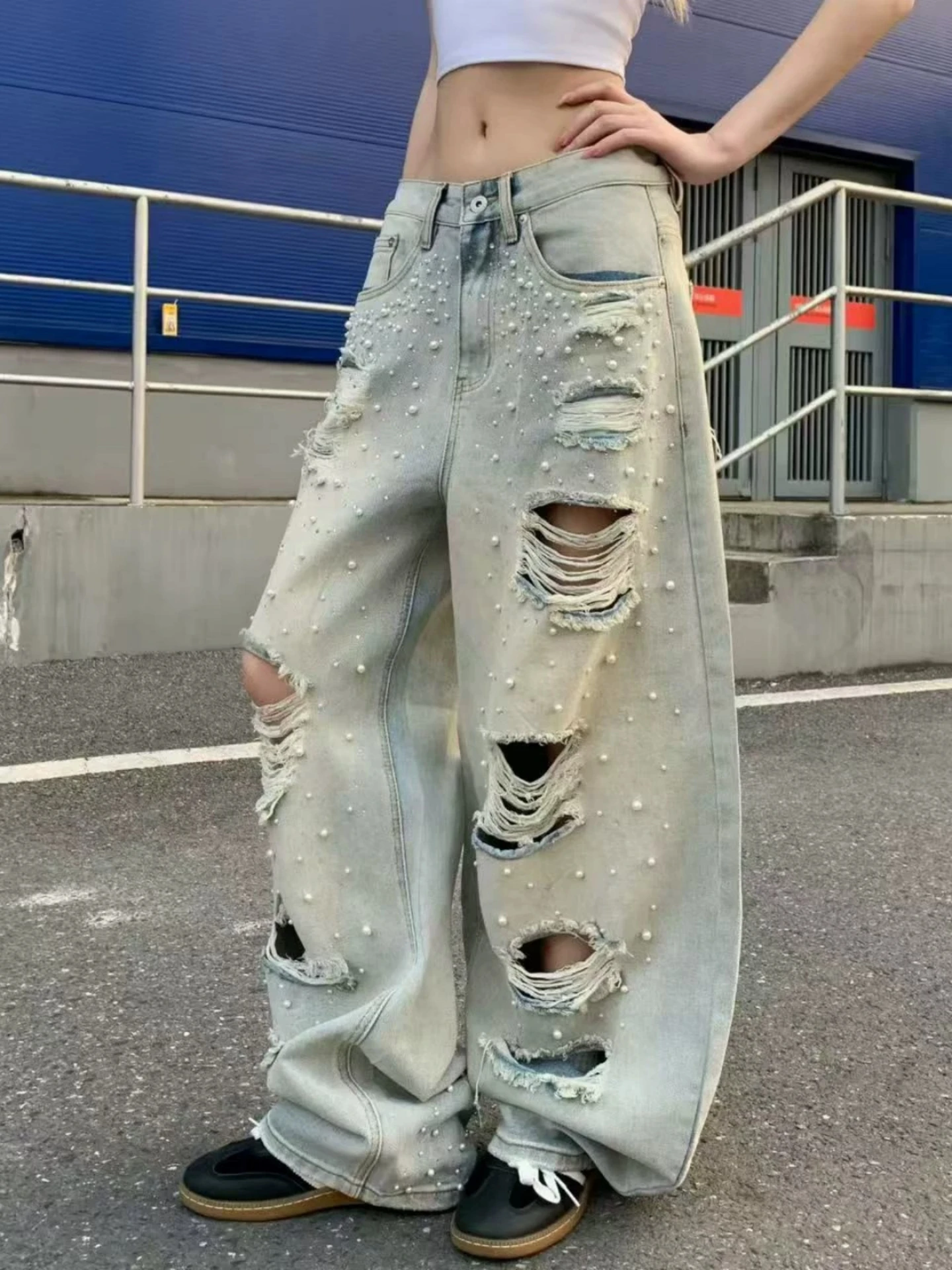 Casual Washed Denim Jeans with Letter Print Hole Punching Loose Wide Leg Pants for Men And Women Blue Jeans Casual Style