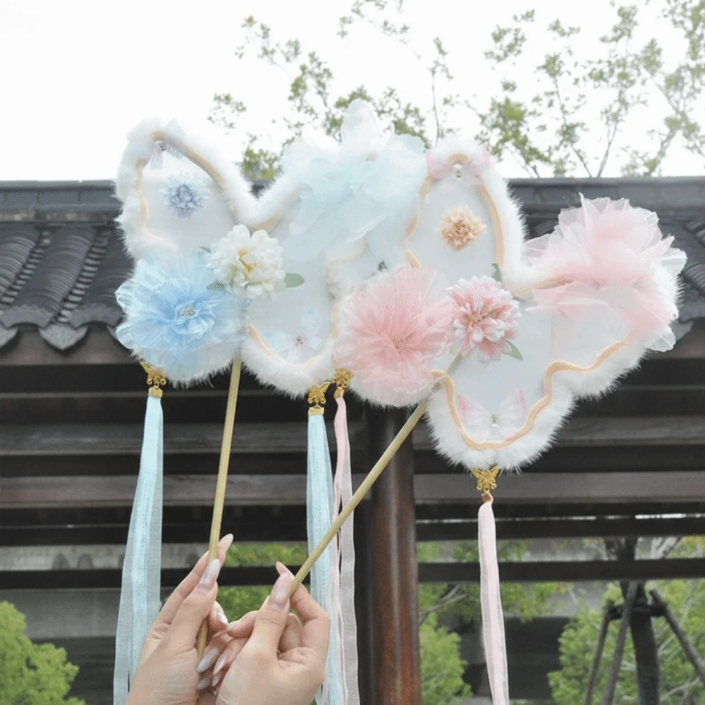 

Fluffy Butterfly Handheld Fan Handmade Chinese Style Embroidered Fan with Tassel Ancient Silk Flower Fan Dance Performance