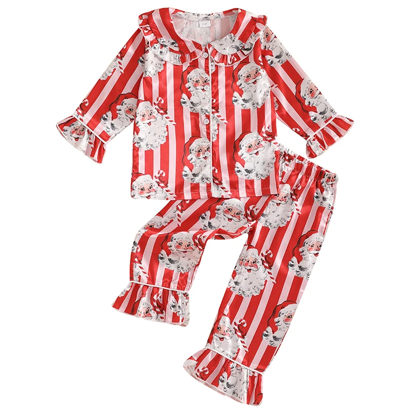 Little Girl Christmas Pajama Sets Santa Striped Doll Collar Button-up Tops Long Pant Ruffled Loungewear Set