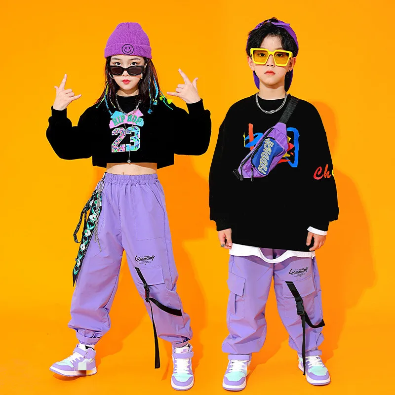 Girls Hip Hop Clothing Black Tops Purple Causal Pants Child Kid Jazz Ballroom Dance Costume Clothes