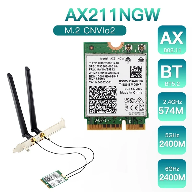 Network Card AX211NGW+Dual Antenna Wifi 6E M.2 Key E Cnvio2 2.4Ghz/5Ghz 802.11Ac Bluetooth 5.2 Adapter