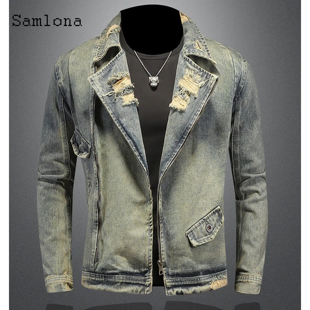 2025 New Spring Autumn Motocycle Denim Jackets Men Fashion Ripped Jean Denim Jacket Sexy Men's Notched Zipper Pockets Outerwear
