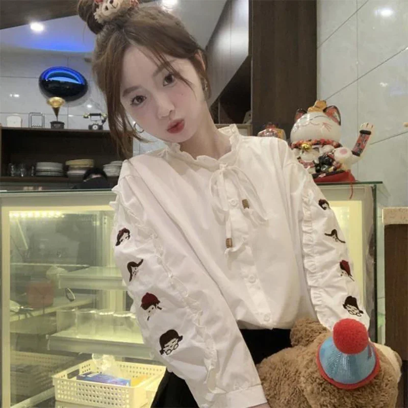 French Style Long Sleeves Cartoon Pattern Shirt for Women\'s Spring Autumn New Slimming Top Fashionable Sweet Small Chic Shirt