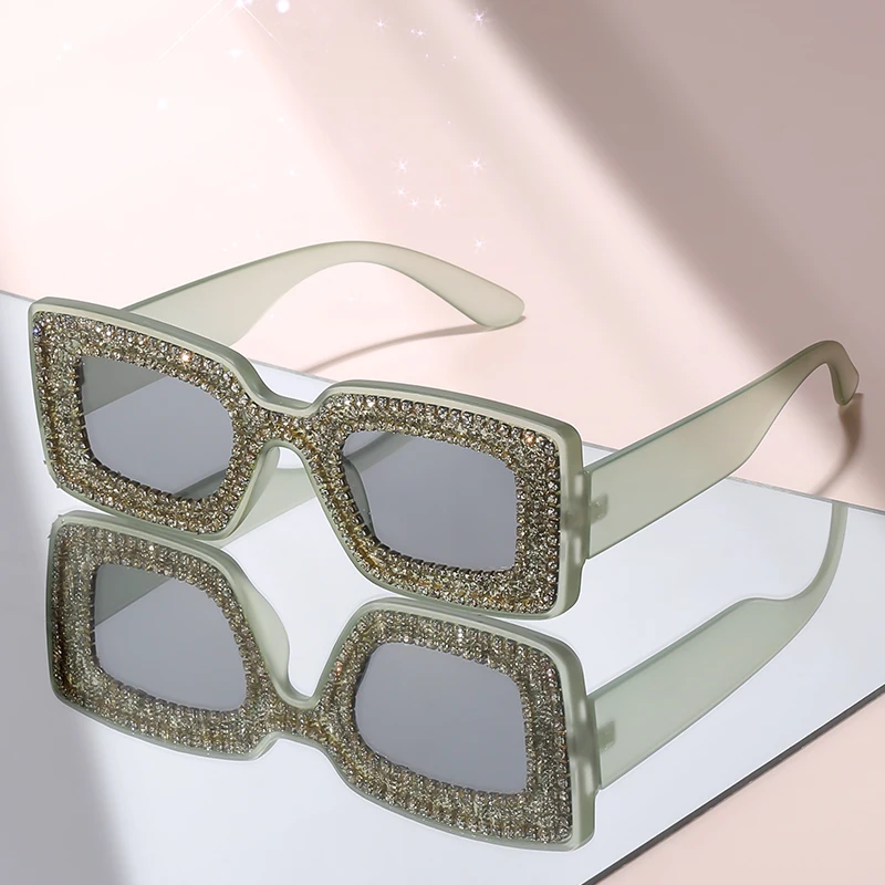 New Square Rhinestone Sunglasses Thick Frame Bling Shades Party Club Fashion Eyewear UV Protection Women Statement Accessory
