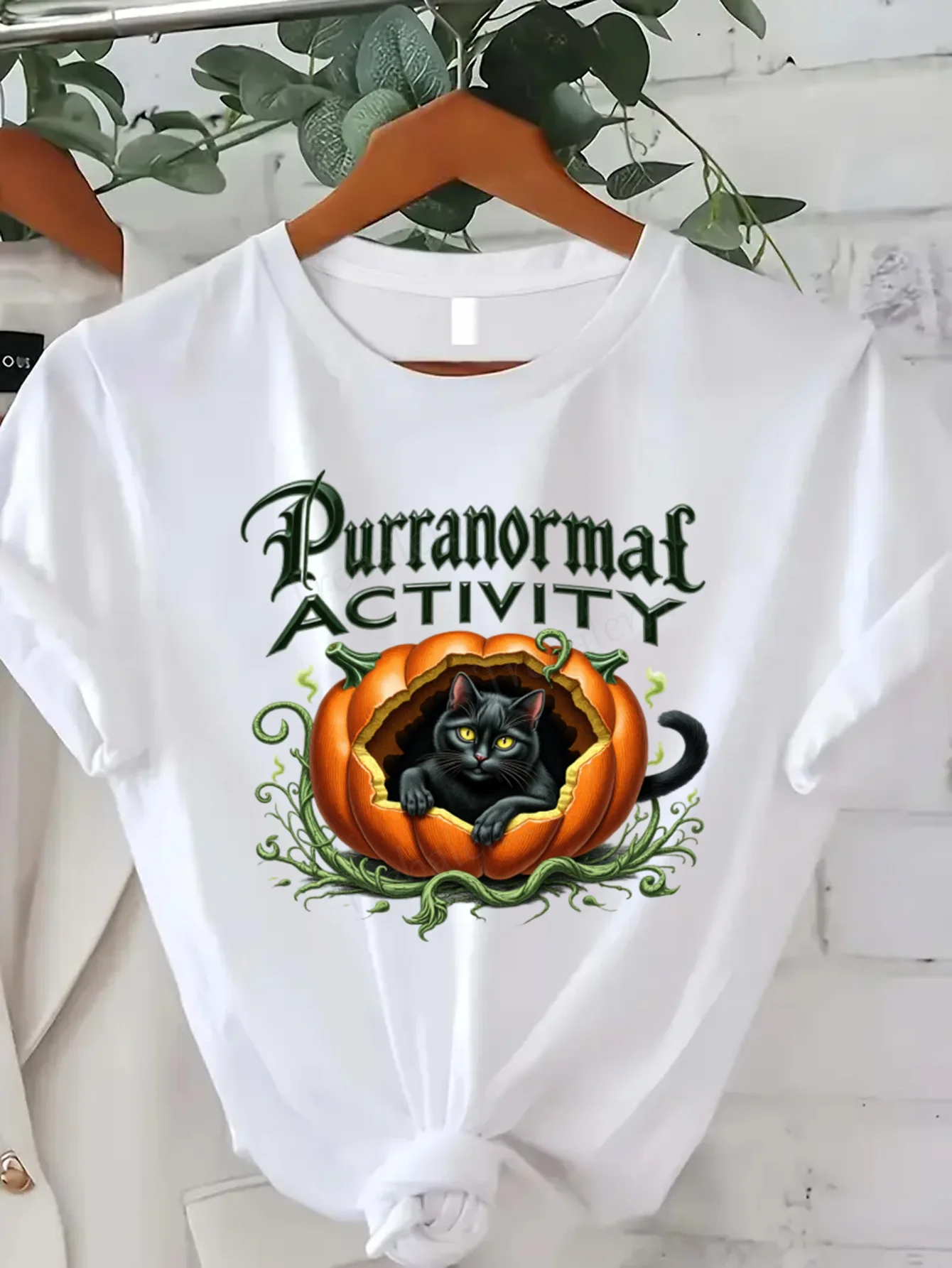 

Round Neck T-shirt Purranormal Activity Halloween Cat Pumpkin T-Shirt Women Plus Size Short Sleeve Tee Fashion Casual Top