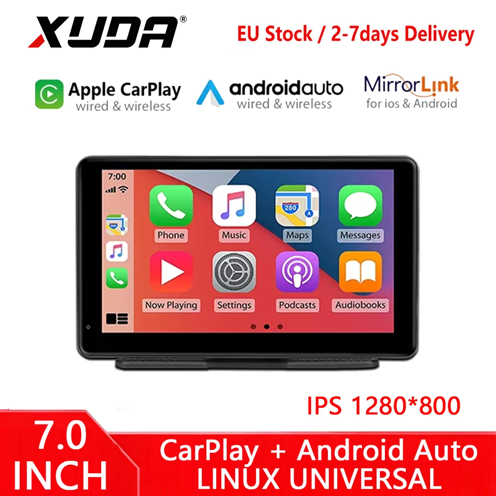 XUDA 7 Zoll 1280*800 Autoradio Multimedia-Videoplayer Kabelloses Carplay und Kabelloses Android Auto Tragbarer Universeller Touchscreen