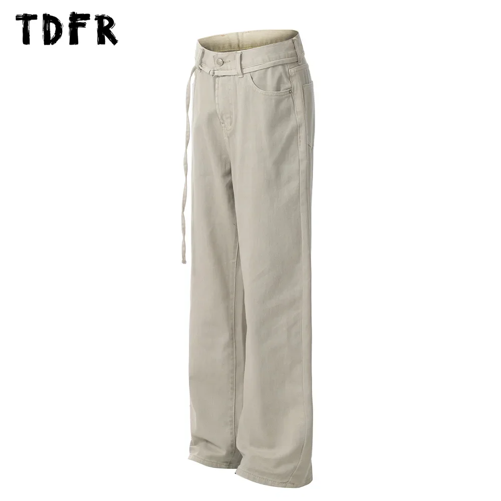 Solid Color Cargo Pants Mens with Belt Retro Streetwear Straight Loose Wide Leg Casual Trousers Men