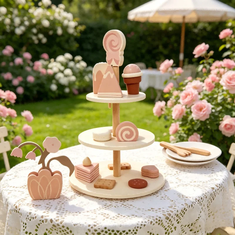 

Wooden Pretend Tea Party Playset Simulation Dessert Tableware Kit Role Play Kitchen Toy Educational Early Learning Gift Toddlers