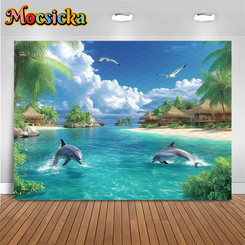 Mocsicka Summer Photography Backgrounds Ocean Island Dolphin Decors Hawaii Vacation Party Portrait Backdrops Photo Studio Poster