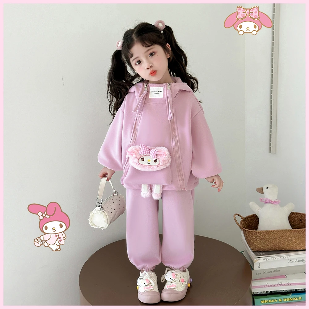 

Новинка 2025 года Kuromi Sanrio Motion, модный повседневный кардиган, кавайный детский осенний комплект на молнии с героями мультфильмов для девочек, 2 шт., сладкая мелодия, аниме
