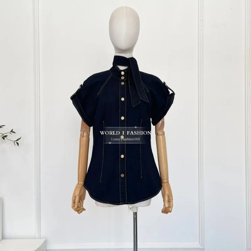 

Women's Navy Blue Denim Short Sleeve Blouse with Ribbon Detail High Quality Autumn Top