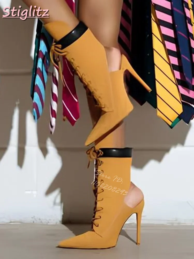

Yellow Patchwork Stilettos Pumps Retro Pointed Toe Lace-up High Heels Cross Straps Sandals 2025 Summer New Women Fashion Shoes