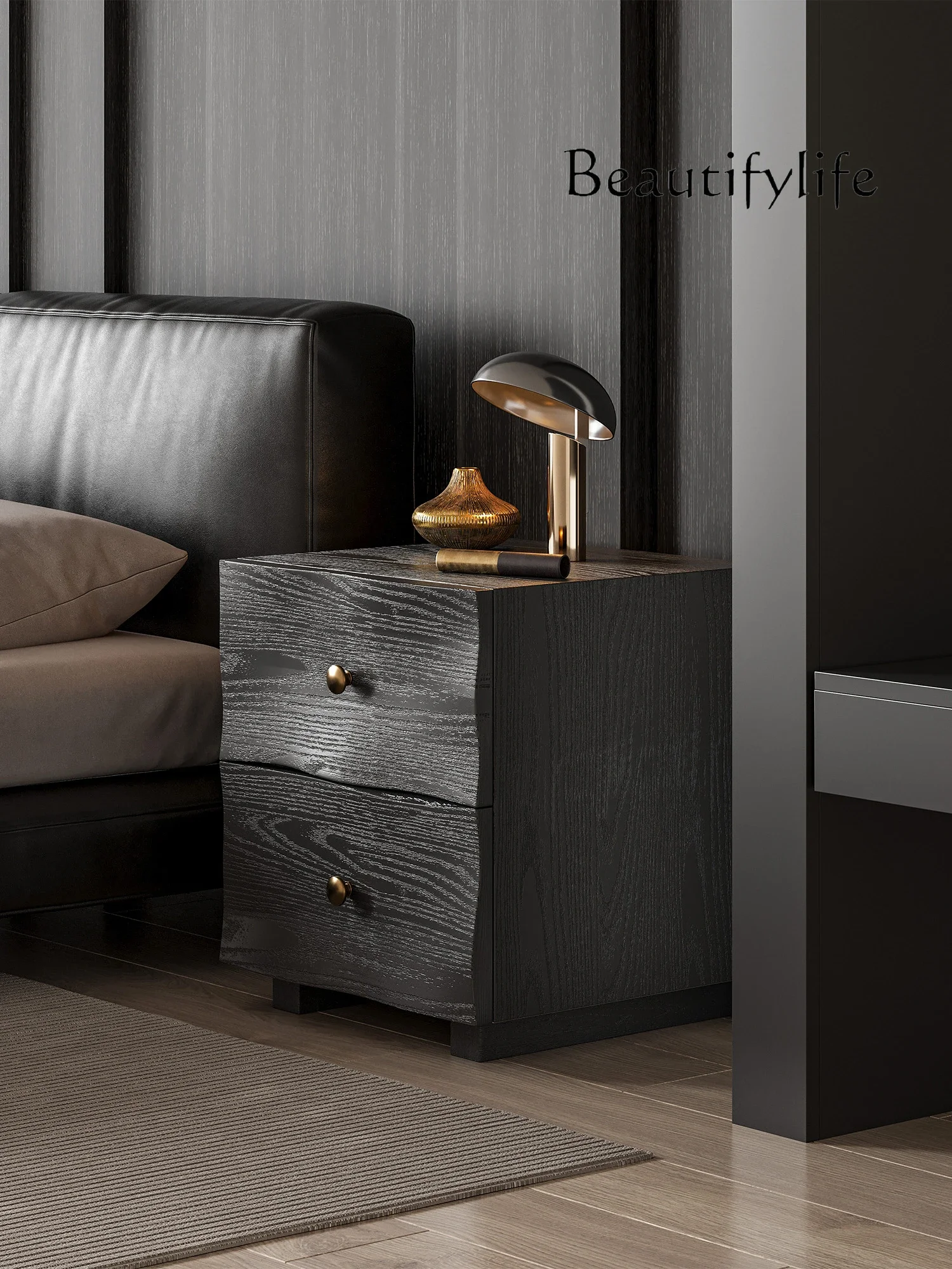 

simple small apartment, bedroom double pumping bedside table Design black curved bedside table, modern Italian
