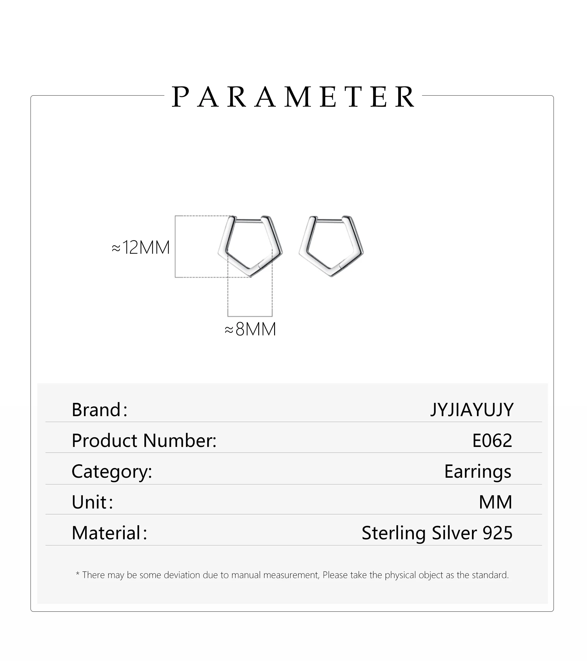 JYJIAYUJY 100% Sterling Silver S925 Hoop Earrings Smooth Surface Hexagon Shape Fashion Hypoallergenic Fine Jewelry Gift E062
