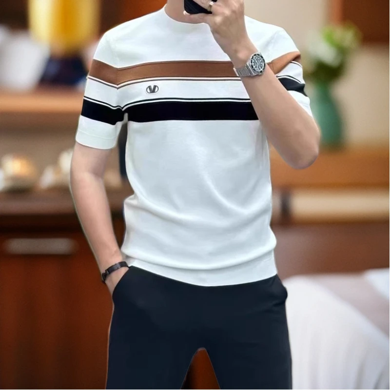 Now High Street Comfortable Casual T-Shirts Business Fashion All-match Round Neck Contrast Color Striped Men Loose Thermal Tops