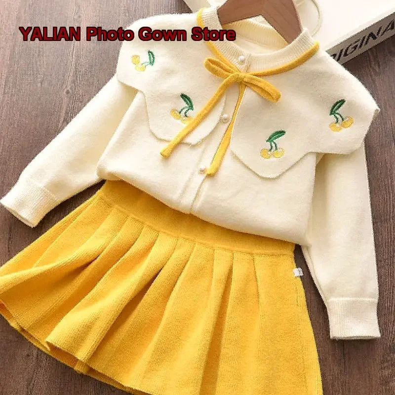Girls Autumn Winter Cherry Print Turn-Down Collar Knit Skirt Set Baby Girl Dress