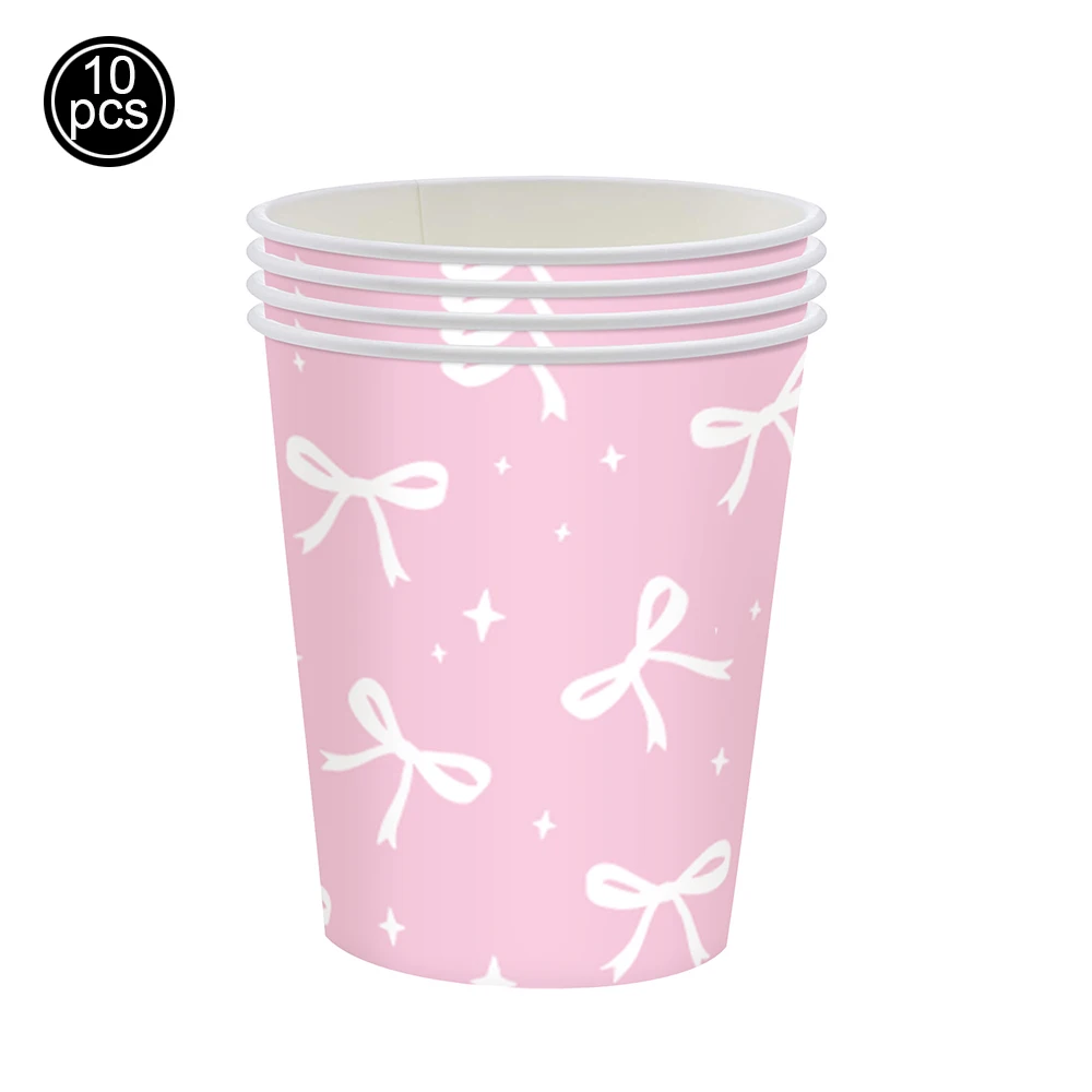 Party-Dekoration mit Schleifenmotiv, Einweggeschirr-Set, Pappteller, Tassen, Schleifenform, Schnappstifte für rosa Schleife, Kokette, Geburtstagszubehör – Detail 2