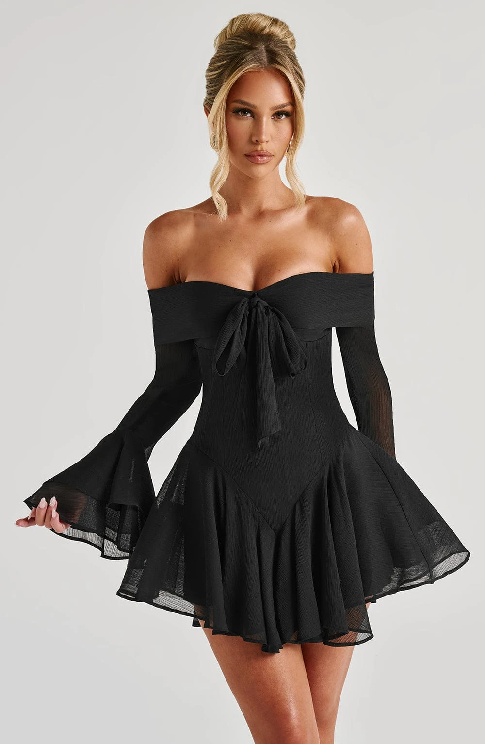 Women Off Shoulder Bell Long Sleeve Bow Lace-up Crinkle Chiffon Flared Mini Dress Night Out Club Cocktail Party Dresses